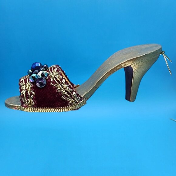 Red Velvet Shoe Ornaments Gold Trim Beaded Accent Tassel High Heel Runway Style - Picture 6 of 9
